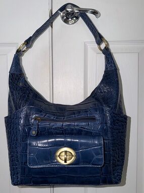 Michael Rome Designs Navy Blue Croc-Embossed Leather Hobo Shoulder Bag